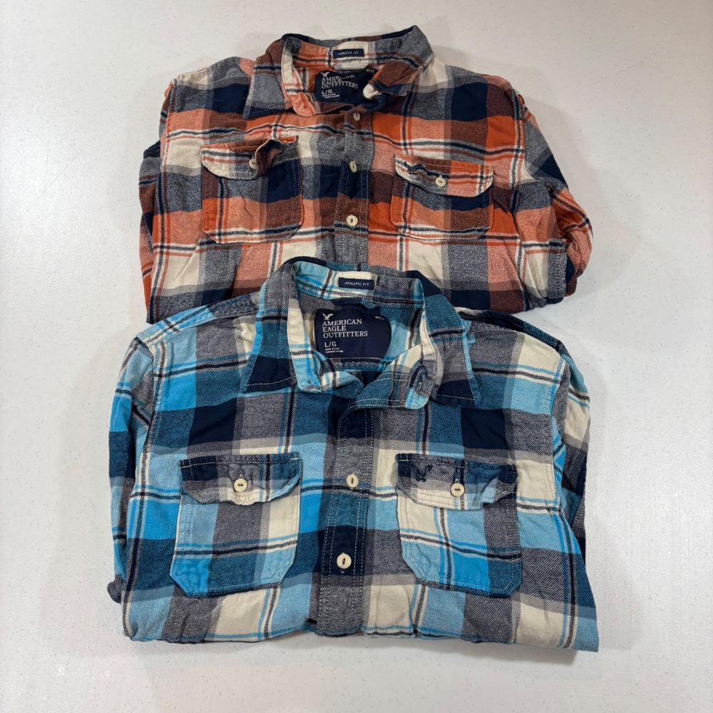 Lot 2 American Eagle Mens Flannel Shirts Large Athletic Fit Plaid Blue Orang Y2K